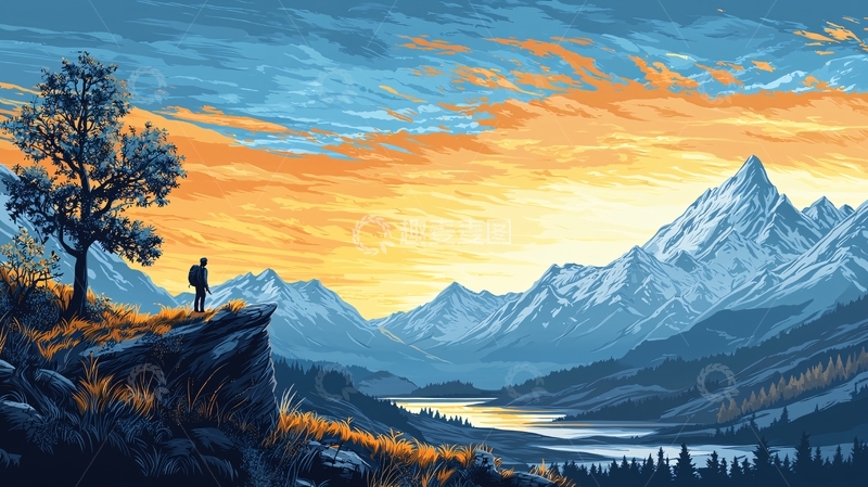 高清大图下载【趣麦麦图】雪山日落徒步旅行风景