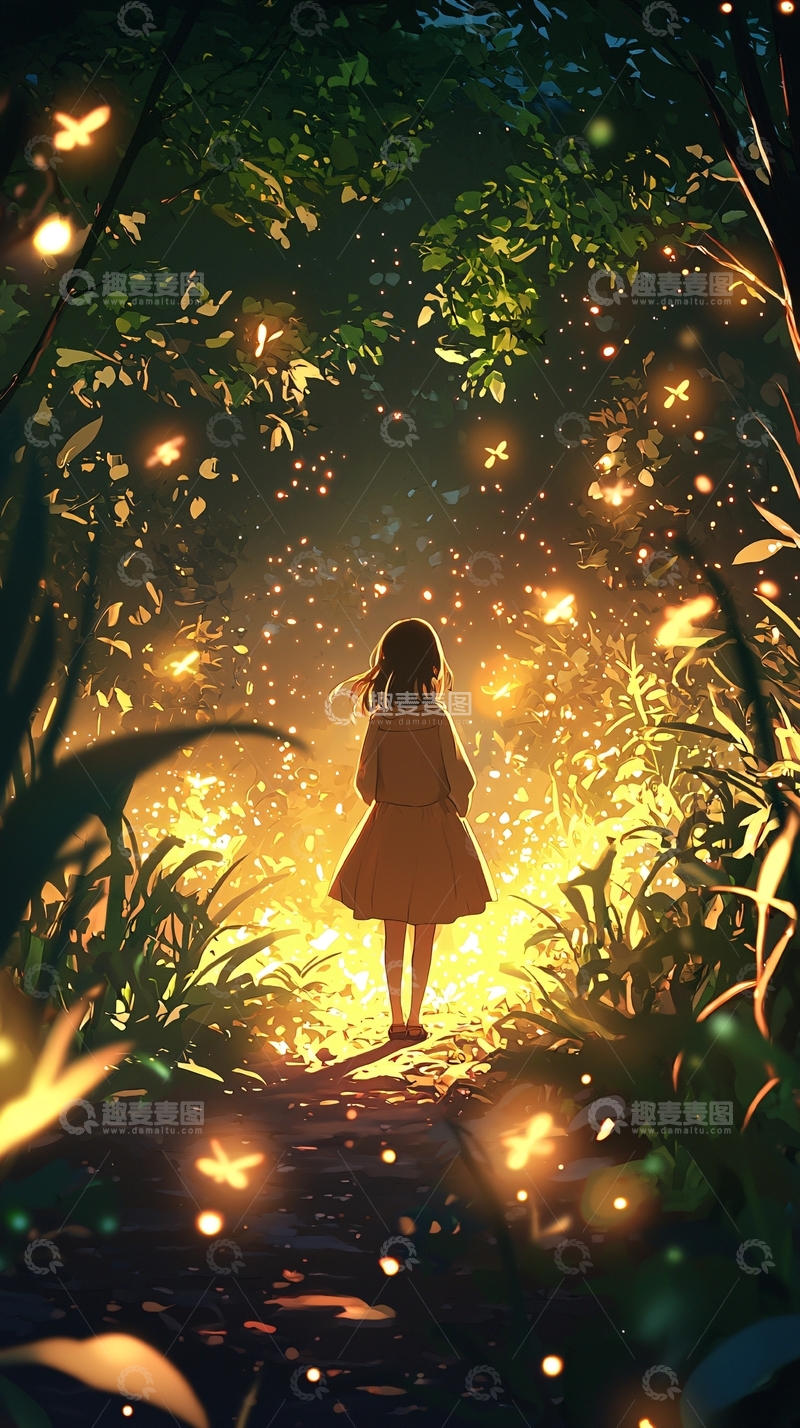 高清大图下载【趣麦麦图】夜晚森林中的萤火虫女孩