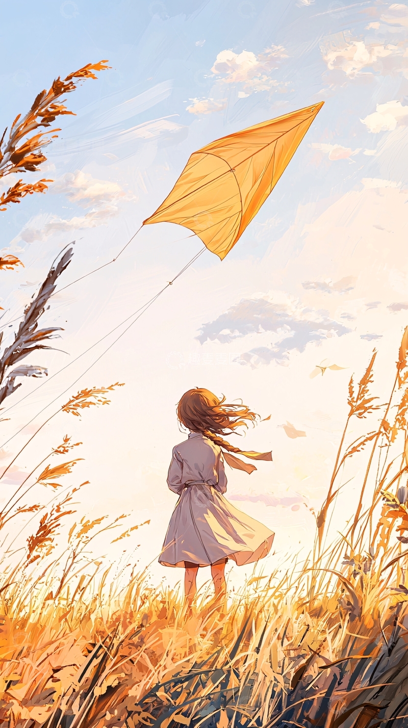 高清大图下载【趣麦麦图】秋日田野放风筝的女孩