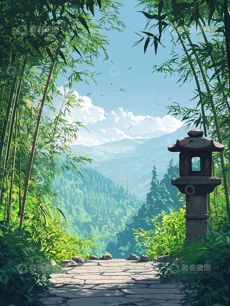 高清大图下载【趣麦麦图】竹林小径与山景
