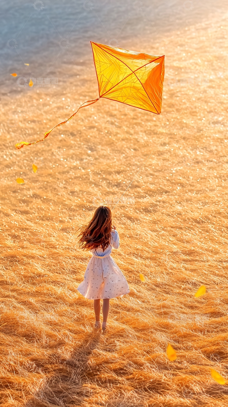 高清大图下载【趣麦麦图】秋日田野放风筝的女孩