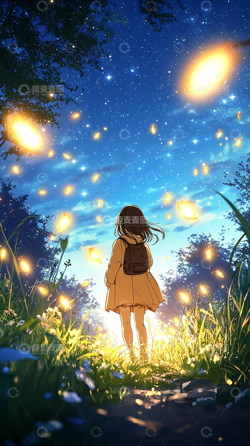 高清大图下载【趣麦麦图】夜空下的萤火虫女孩