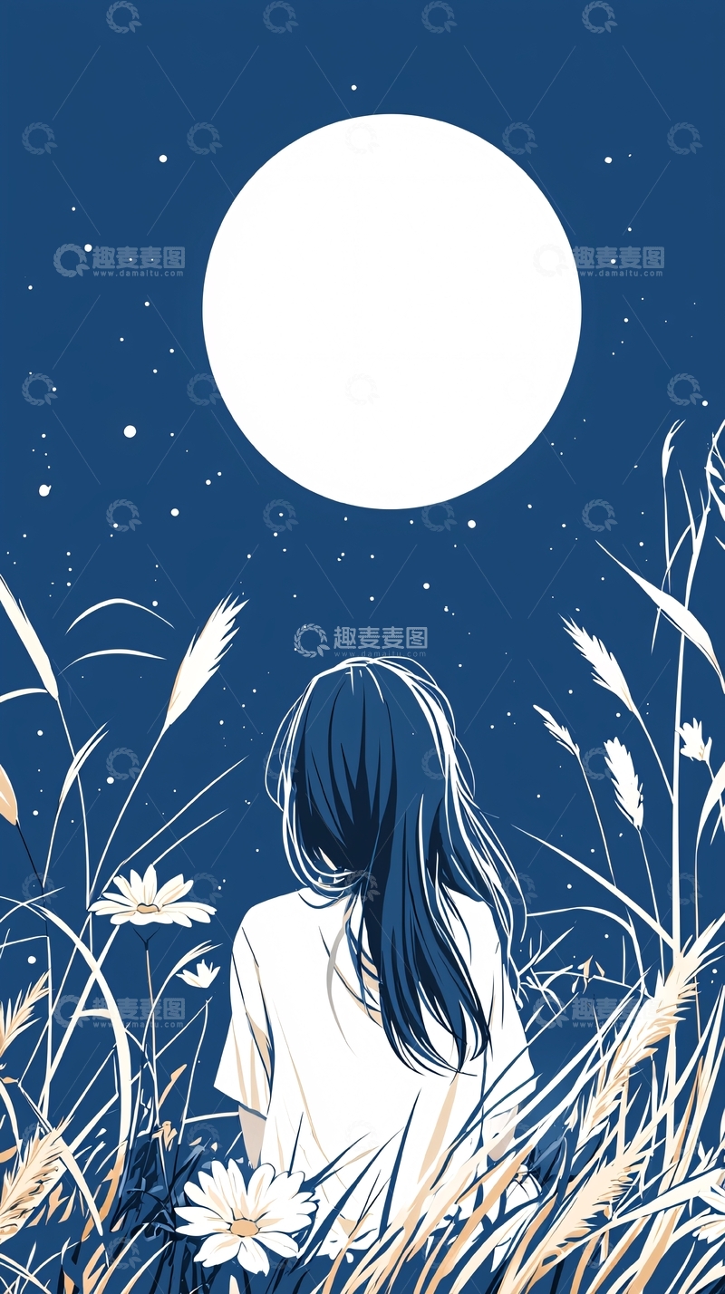 高清大图下载【趣麦麦图】夜空下的女孩与满月