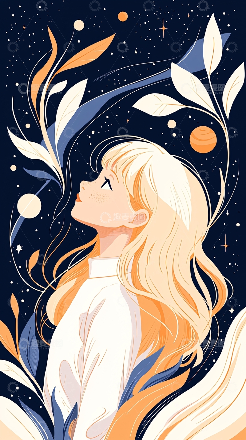 高清大图下载【趣麦麦图】梦幻星空下的少女插画