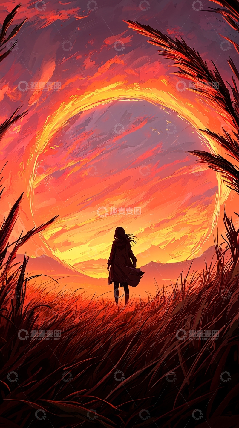 高清大图下载【趣麦麦图】夕阳下的孤独背影