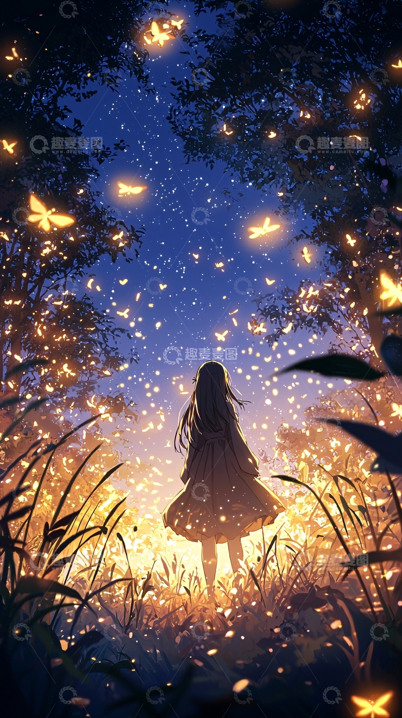 高清大图下载【趣麦麦图】夜空下的萤火虫女孩