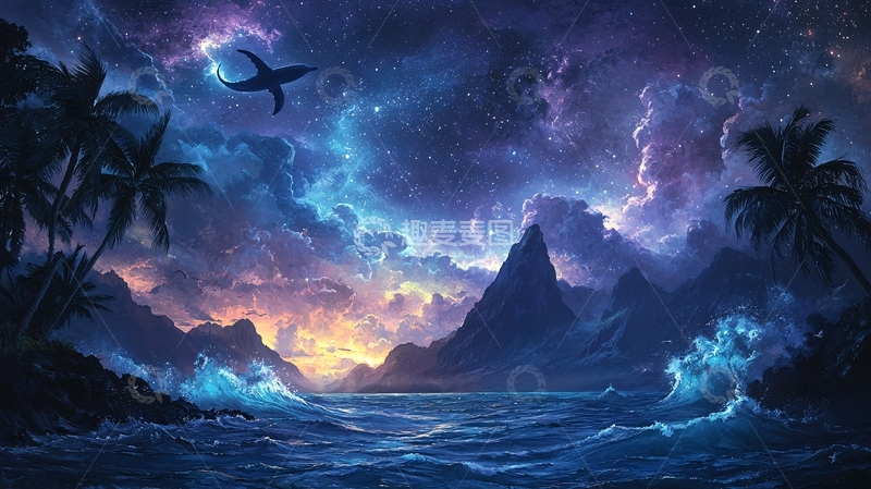 高清大图下载【趣麦麦图】梦幻夜空下的热带海滩