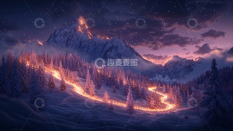 高清大图下载【趣麦麦图】冬夜山间灯火蜿蜒