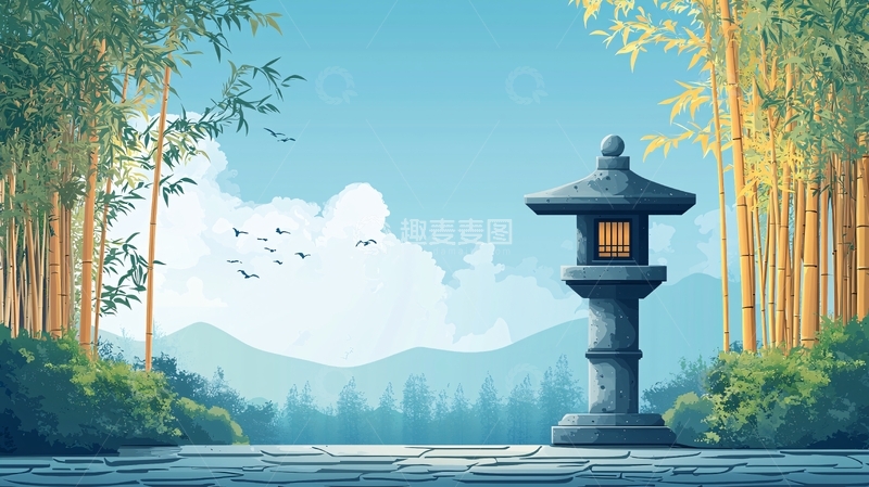高清大图下载【趣麦麦图】竹林中的石灯笼