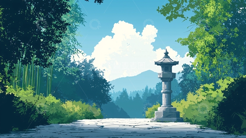 高清大图下载【趣麦麦图】石灯笼与竹林的宁静自然风光