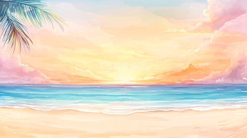 高清大图下载【趣麦麦图】海滩日落风景画