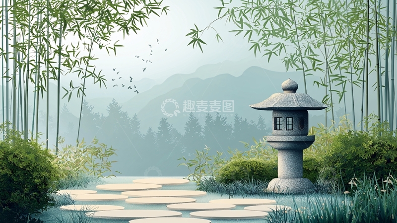 高清大图下载【趣麦麦图】竹林中的石灯笼与小径