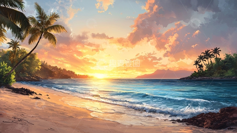 高清大图下载【趣麦麦图】日落海滩椰树风景