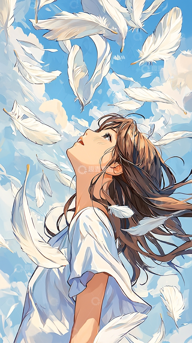 高清大图下载【趣麦麦图】飘落的羽毛与女孩