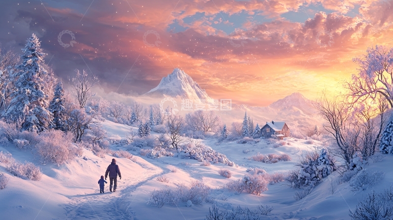 高清大图下载【趣麦麦图】冬日雪景中的温馨家庭