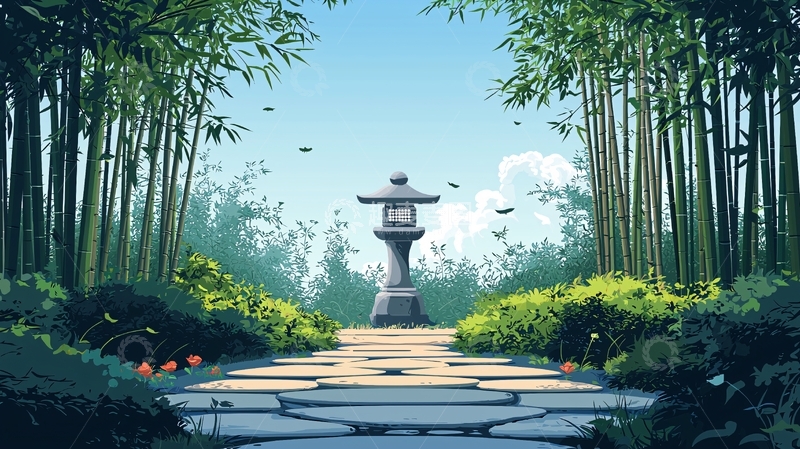高清大图下载【趣麦麦图】竹林小径上的石灯笼