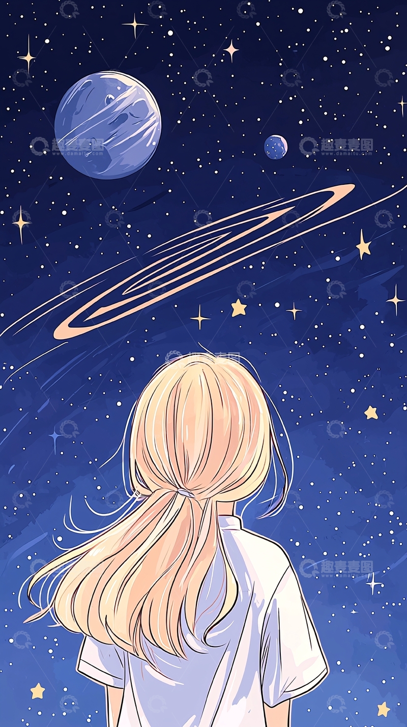高清大图下载【趣麦麦图】仰望星空的女孩插画
