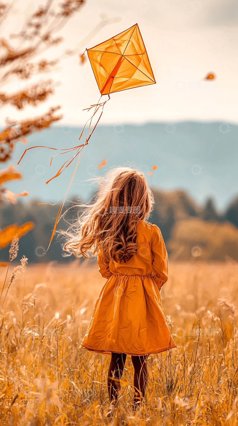 高清大图下载【趣麦麦图】秋日田野放风筝的女孩