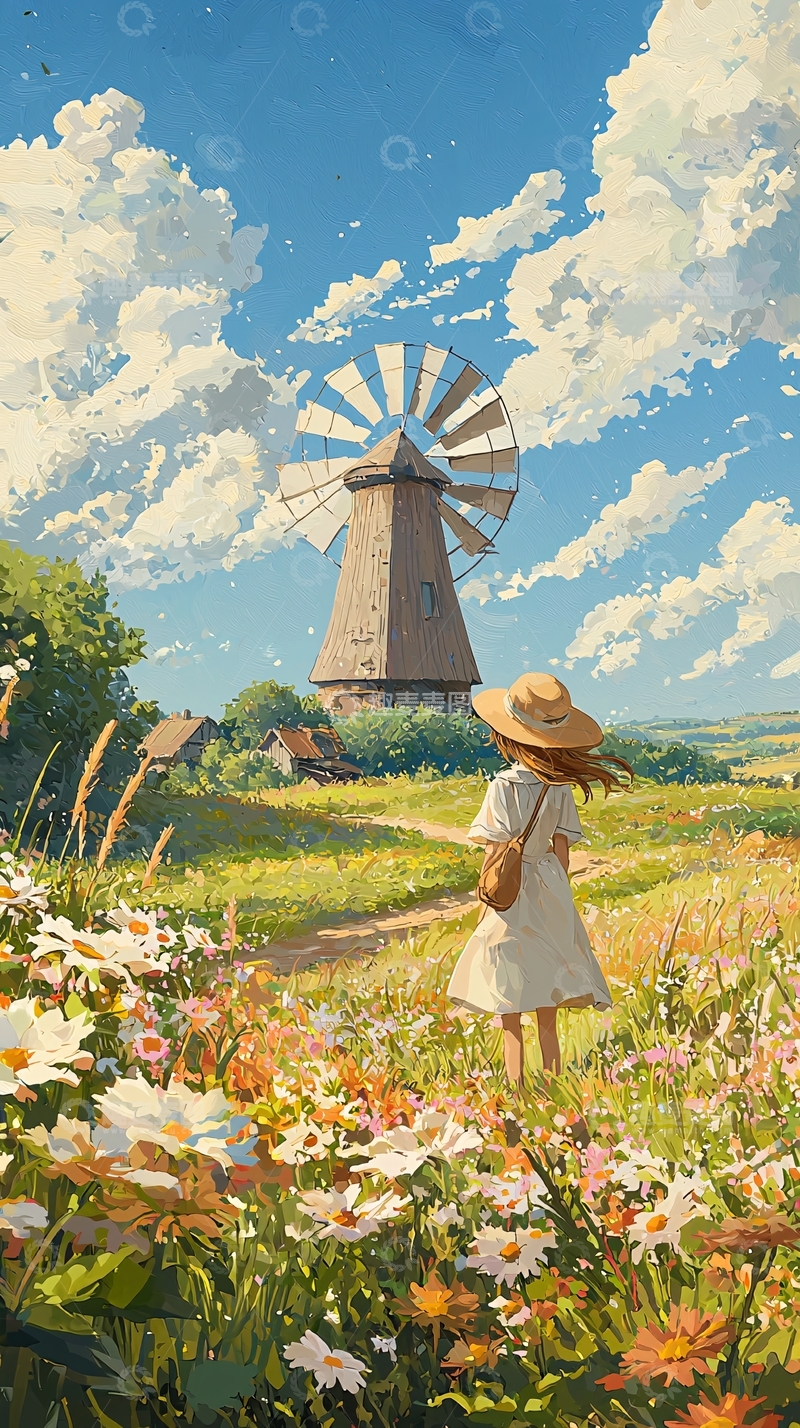 高清大图下载【趣麦麦图】田园风光下的风车与花海
