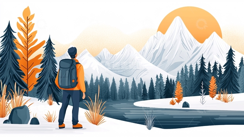 高清大图下载【趣麦麦图】雪山徒步旅行风景插画