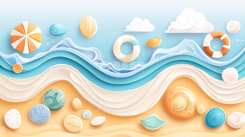 高清大图下载【趣麦麦图】夏日海滩上的海浪与贝壳