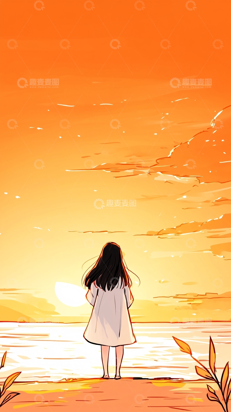 高清大图下载【趣麦麦图】秋日海边女孩剪影