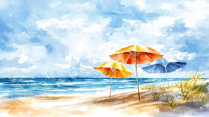 高清大图下载【趣麦麦图】海滩上的彩色遮阳伞