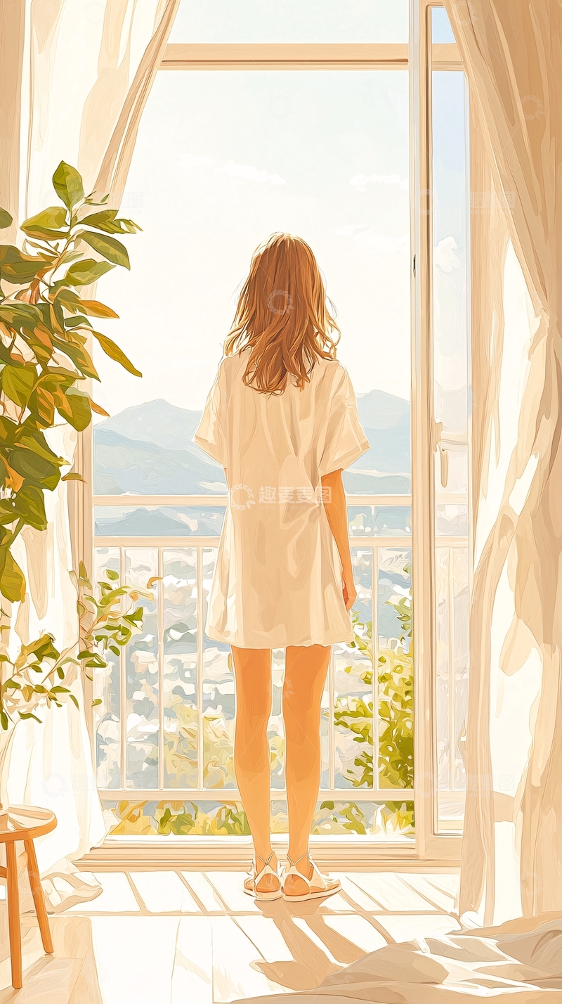 高清大图下载【趣麦麦图】清晨阳台上的女孩