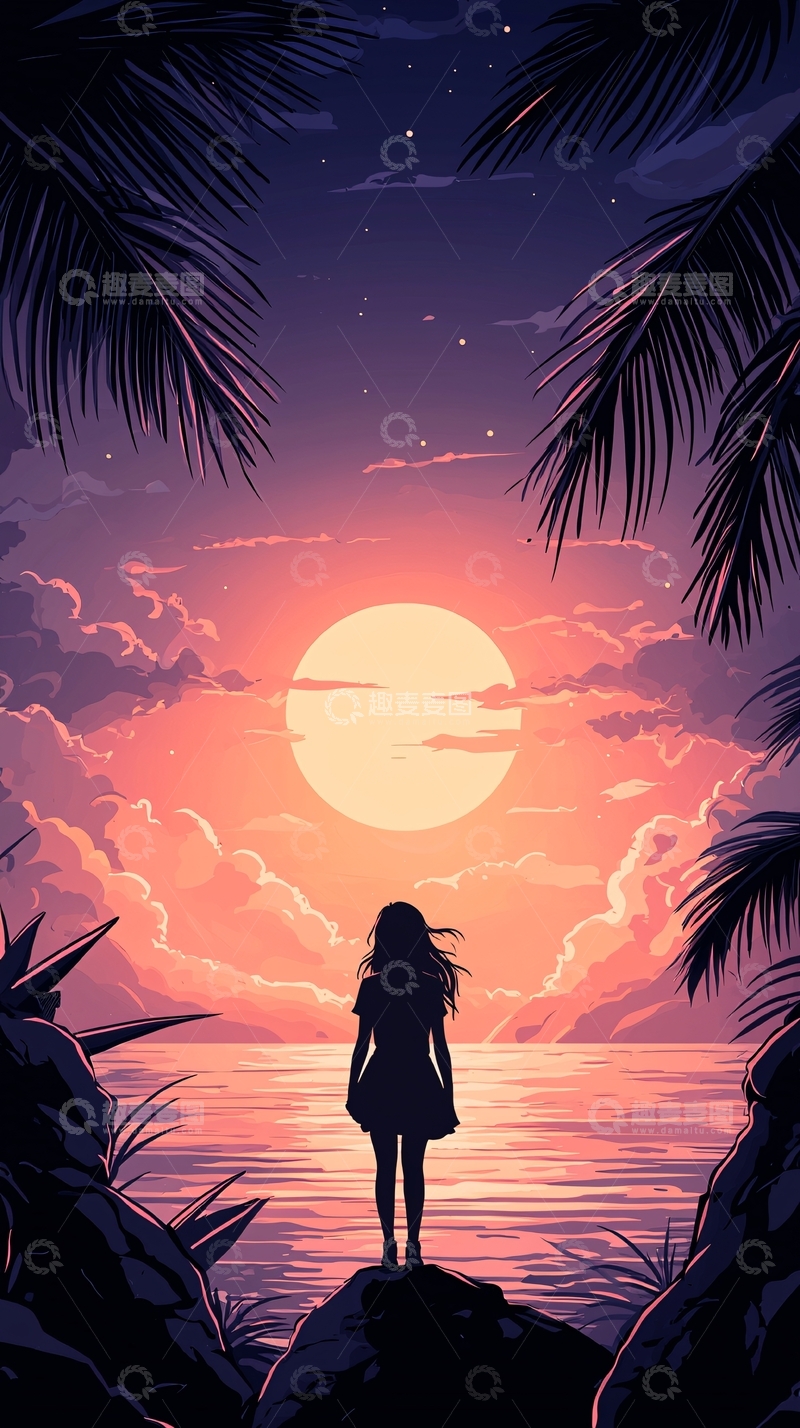高清大图下载【趣麦麦图】海边日落剪影女孩