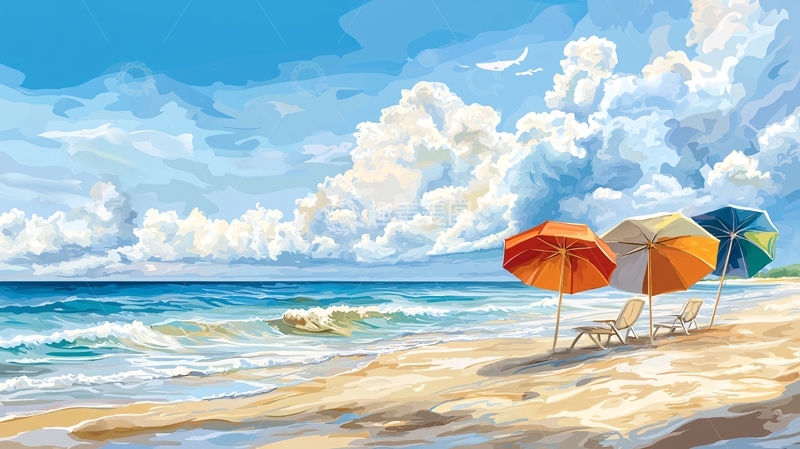 高清大图下载【趣麦麦图】海滩遮阳伞沙滩椅风景