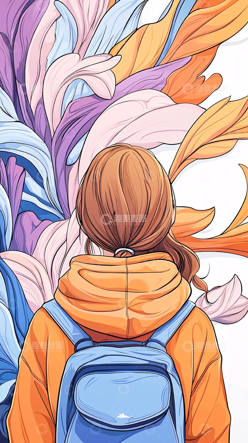 高清大图下载【趣麦麦图】秋日背影与多彩花瓣