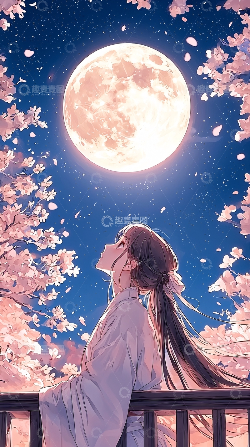 高清大图下载【趣麦麦图】月下赏樱少女