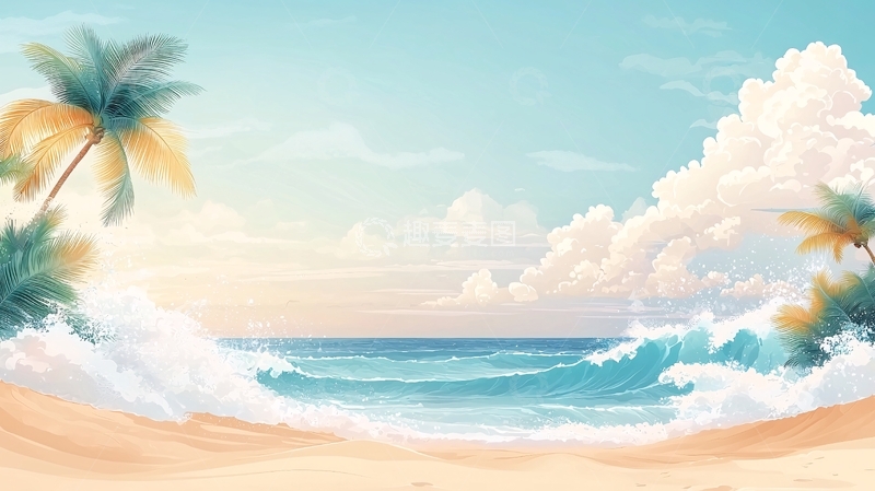 高清大图下载【趣麦麦图】热带海滩海浪椰树风景