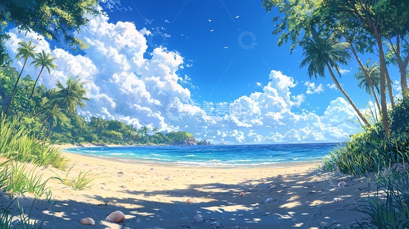 高清大图下载【趣麦麦图】热带海滩风景插画