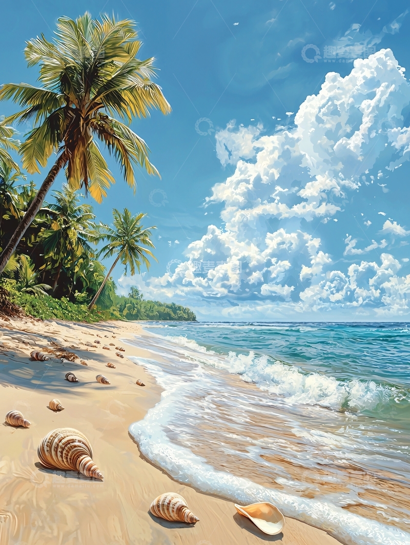 高清大图下载【趣麦麦图】热带海滩椰树贝壳沙滩