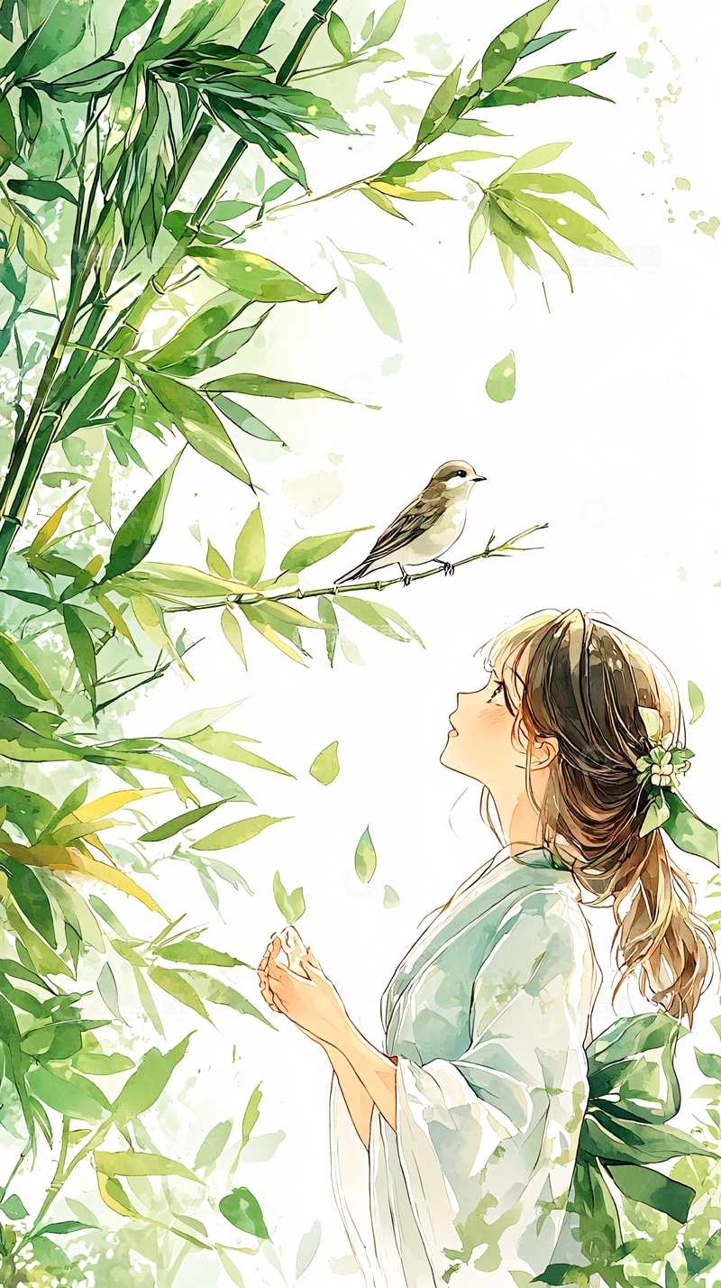高清大图下载【趣麦麦图】竹林中的少女与小鸟