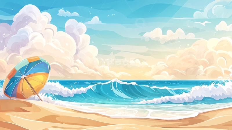 高清大图下载【趣麦麦图】海滩上的彩色伞和海浪