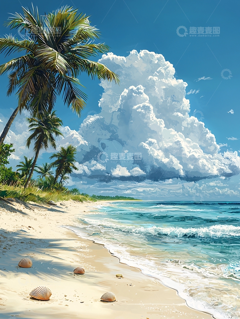 高清大图下载【趣麦麦图】热带海滩与椰子壳