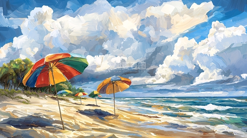 高清大图下载【趣麦麦图】海滩上的彩色遮阳伞