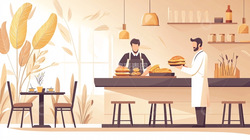 高清大图下载【趣麦麦图】温馨咖啡馆室内场景插画