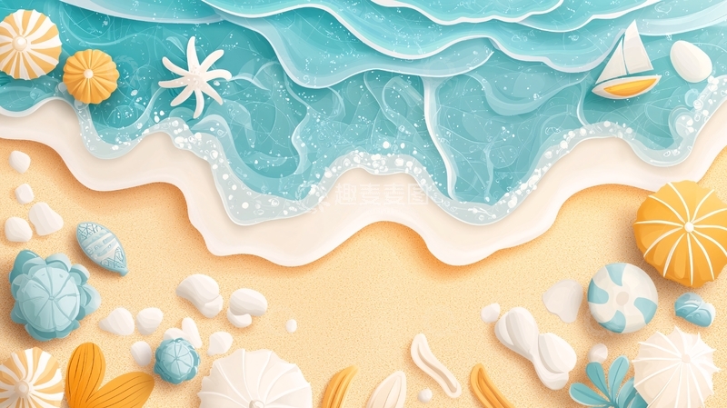 高清大图下载【趣麦麦图】夏日海滩贝壳帆船背景图