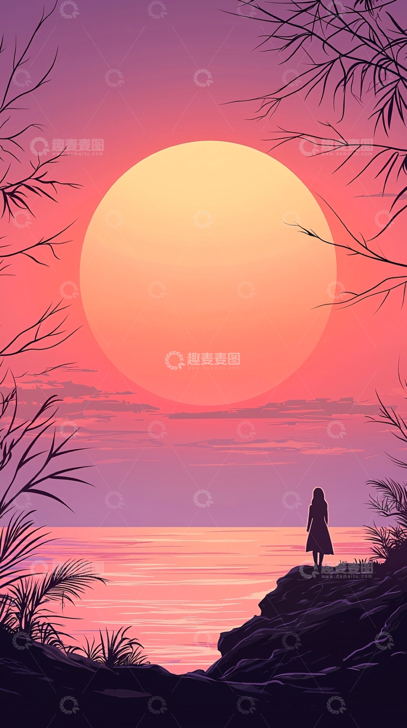 高清大图下载【趣麦麦图】夕阳下的海边剪影