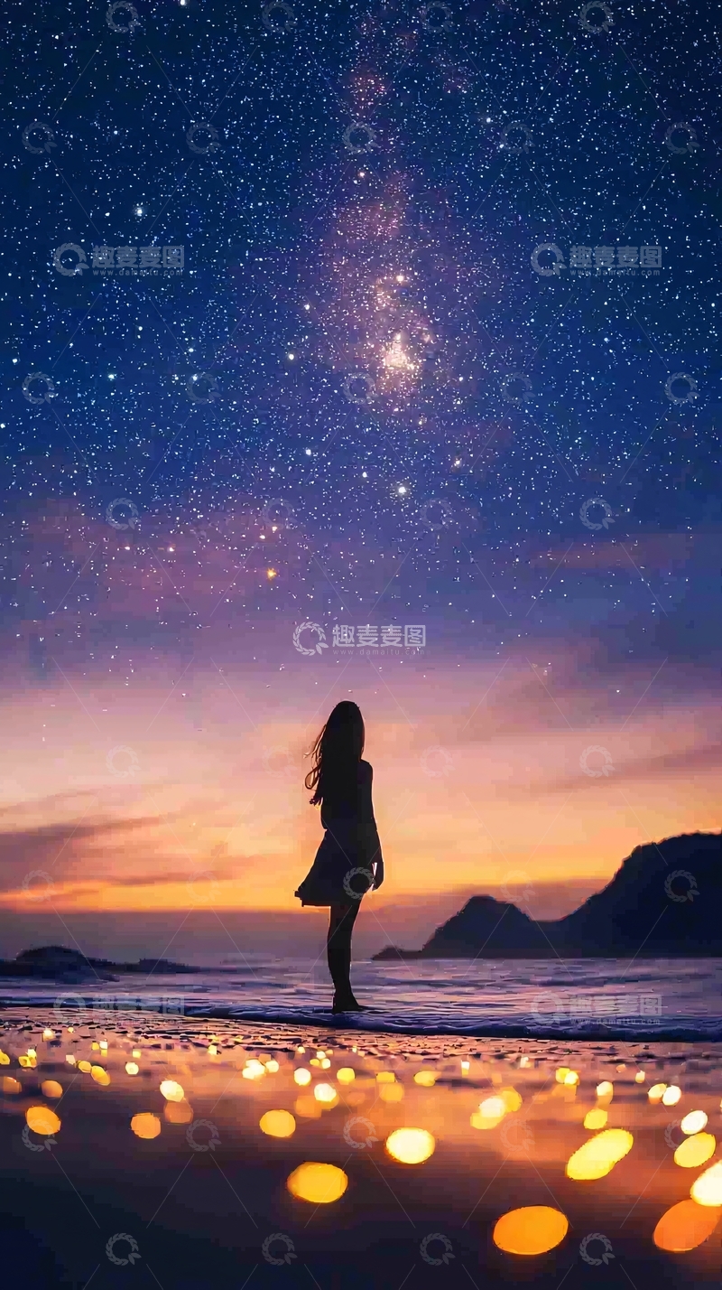 高清大图下载【趣麦麦图】海边星空下的剪影女孩