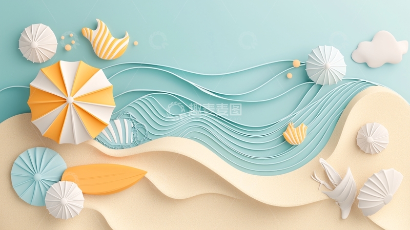 高清大图下载【趣麦麦图】夏日海滩风车与贝壳装饰