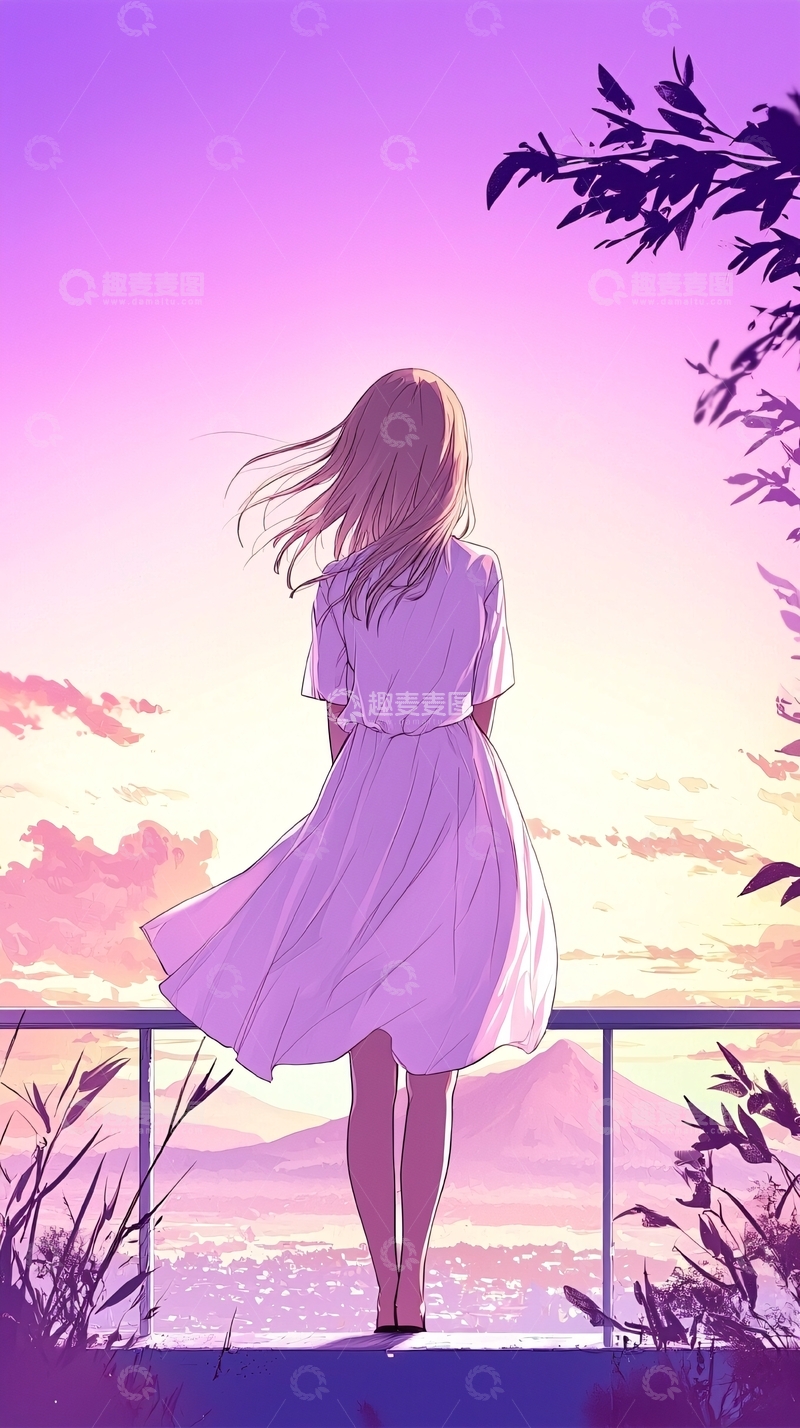 高清大图下载【趣麦麦图】紫色长发女孩欣赏日落