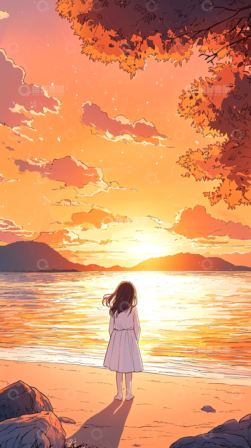 高清大图下载【趣麦麦图】秋日海边夕阳下的女孩