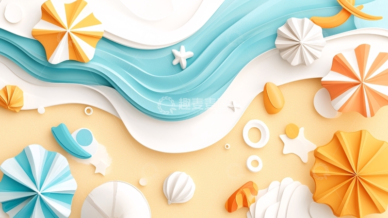 高清大图下载【趣麦麦图】夏日海滩折纸装饰素材