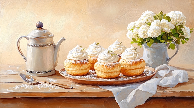 高清大图下载【趣麦麦图】奶油泡芙与茶壶的艺术静物画