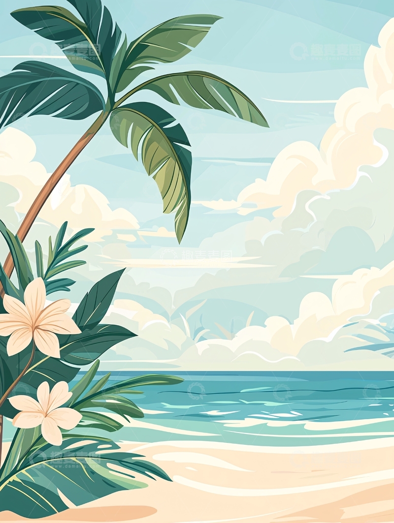 高清大图下载【趣麦麦图】热带海滩风景插画