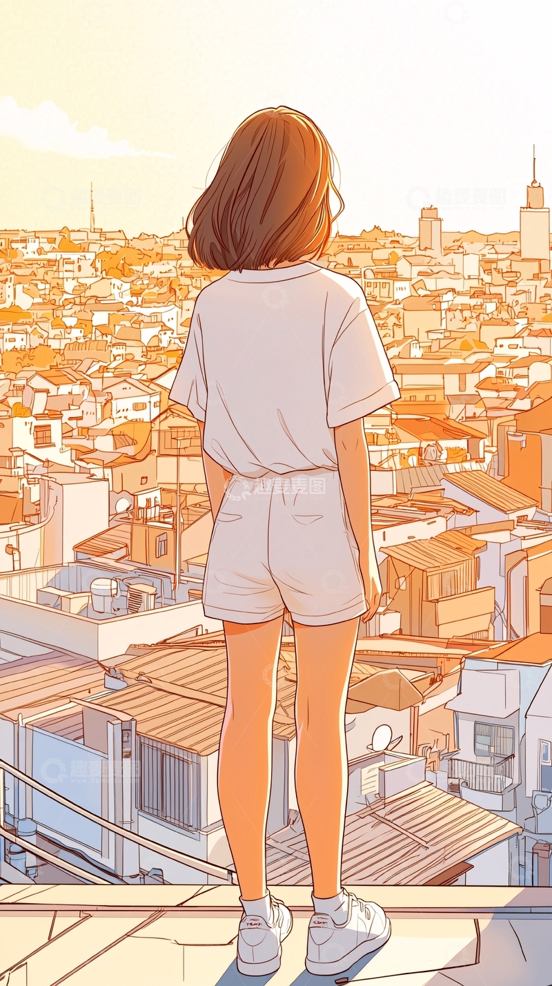 高清大图下载【趣麦麦图】女孩俯瞰城市风景